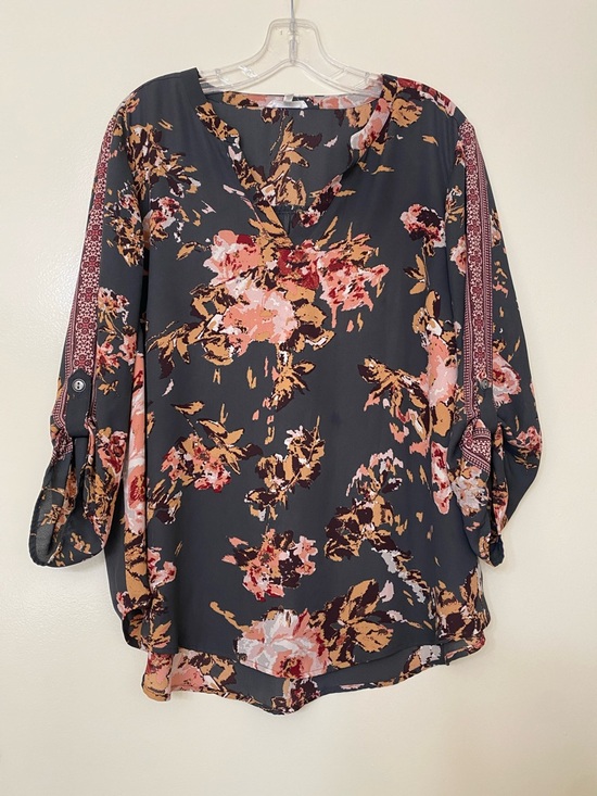 Maurices Tops - Maurices Dark Floral V-Neck Roll-Sleeve Tunic